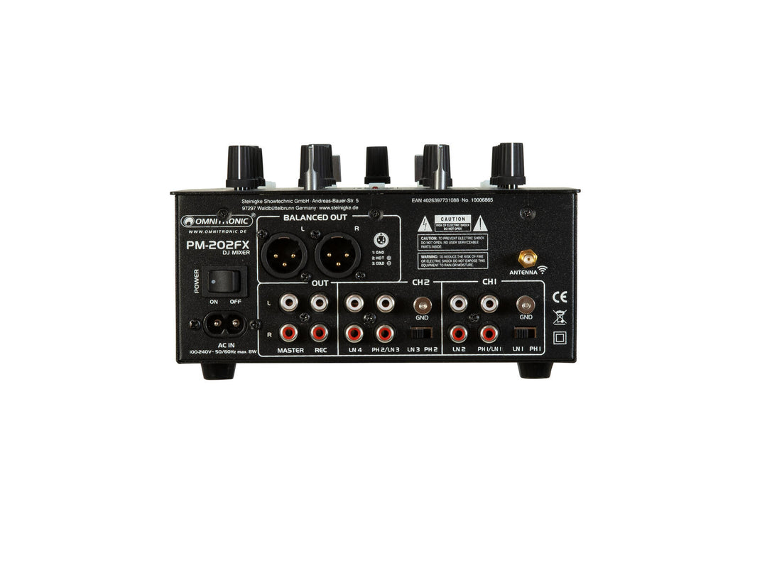 OMNITRONIC PM-202FX mezclador de DJ de 2 canales con filtro, FX y Bluetooth