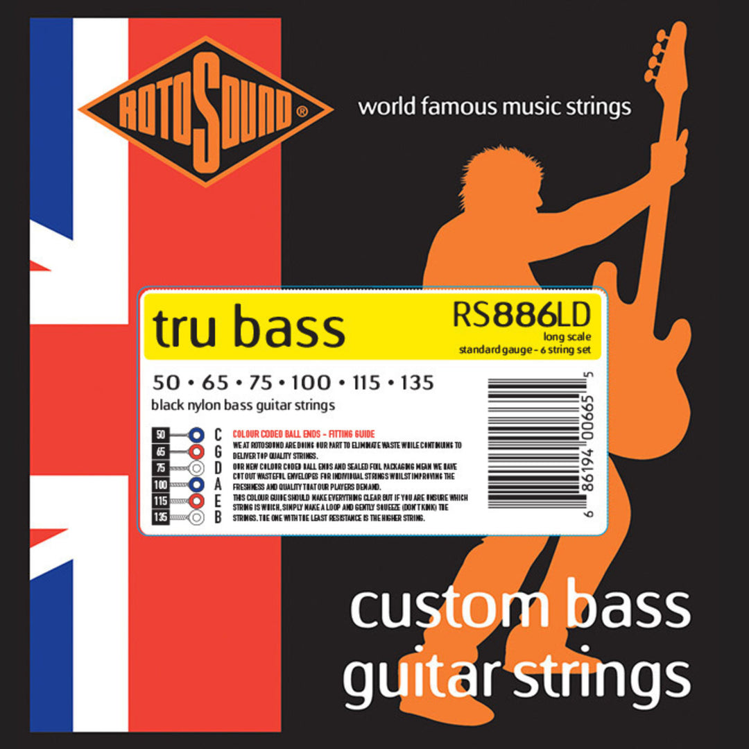 Cuerdas para bajo eléctrico Rotosound E-Bass Strings Tru Bass 88 - Set 6-string Long 50-135, Long scale: longitud de escala (34"/860mm) - to medium (32"/810mm) (RS886LD)