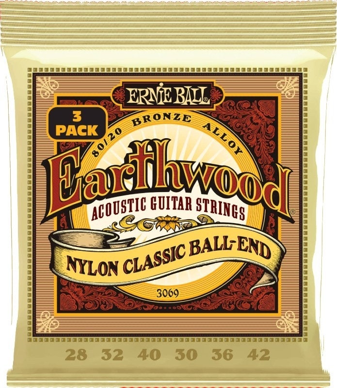 Ernie Ball 3069 Folk Nylon transparente y dorado cuerdas con bola en el extremo 3-P