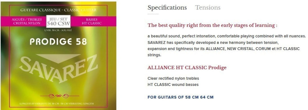 Cuerdas Savarez para guitarra clásica Prodige 38 Children's Guitar - 3/4-7/8 Nylon Gw (540CSW)