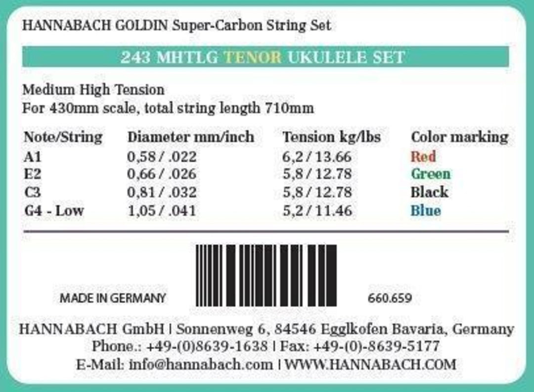 Cuerdas Hannabach para ukeleles tenor Ukelele Goldin 243MHTLG low G - Juego Low G (243MHTLG)