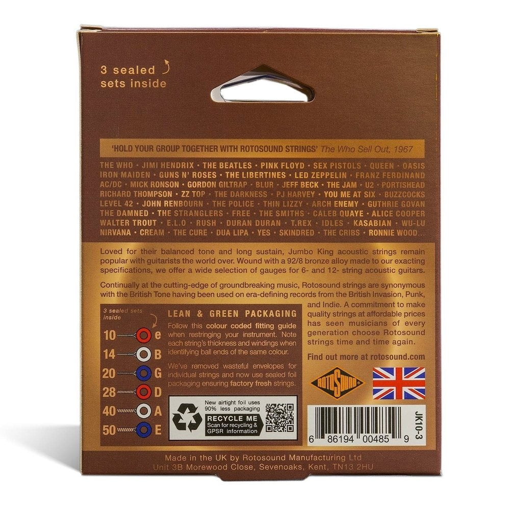 Rotosound Jumbo King JK10-3 cuerdas para guitarra western 10-50, 3 set