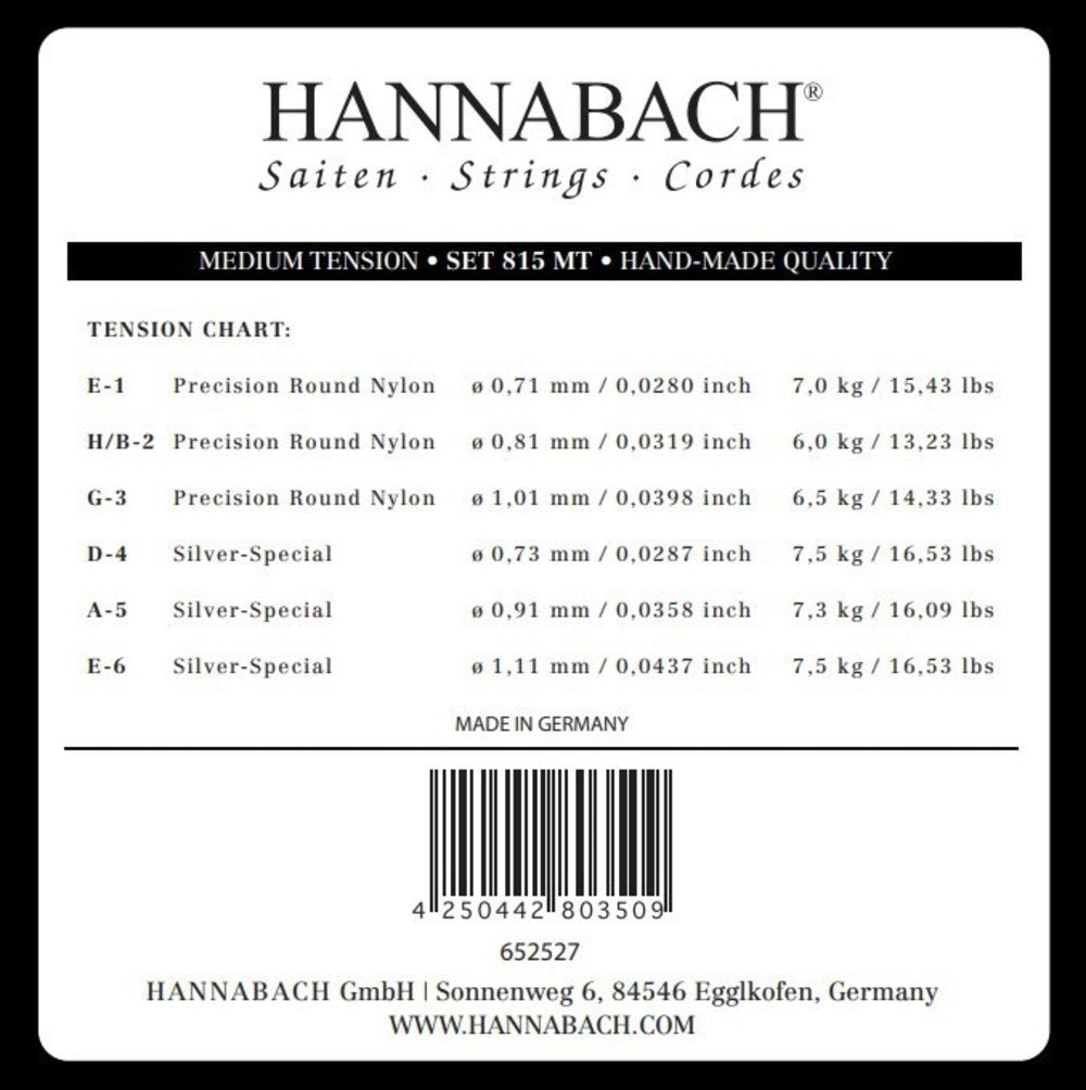 Hannabach 815 juego de agudos E1, H/B2 y G3, medium tension