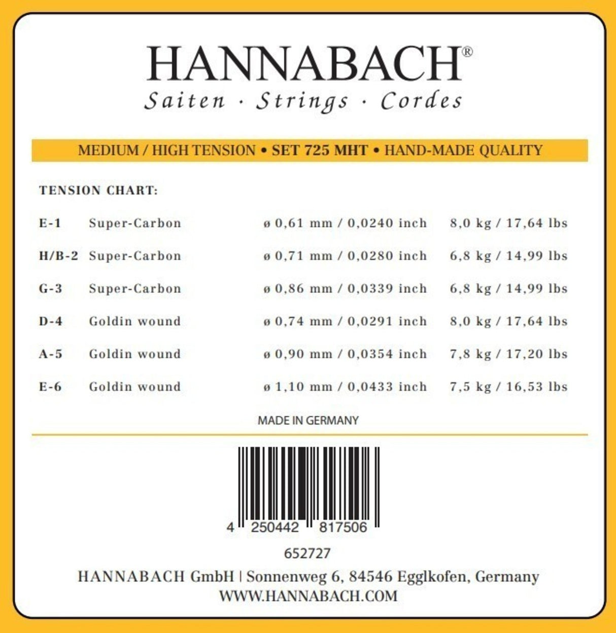 Hannabach Strings for classic guitar Series 725 Medium/High Tension Goldin - 3pc treble set (7258MHTC)