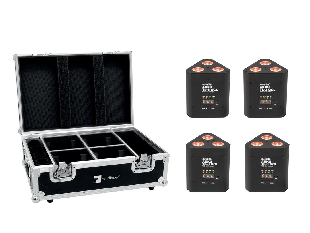 EUROLITE Set 4x AKKU TL-3 QCL RGB+UV Trusslight + case con función de carga