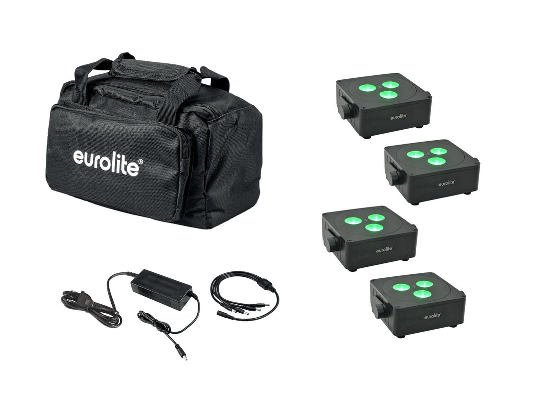 Conjunto EUROLITE 4x AKKU IP Flat Light 3 bk + cargador + bolsa Soft bag