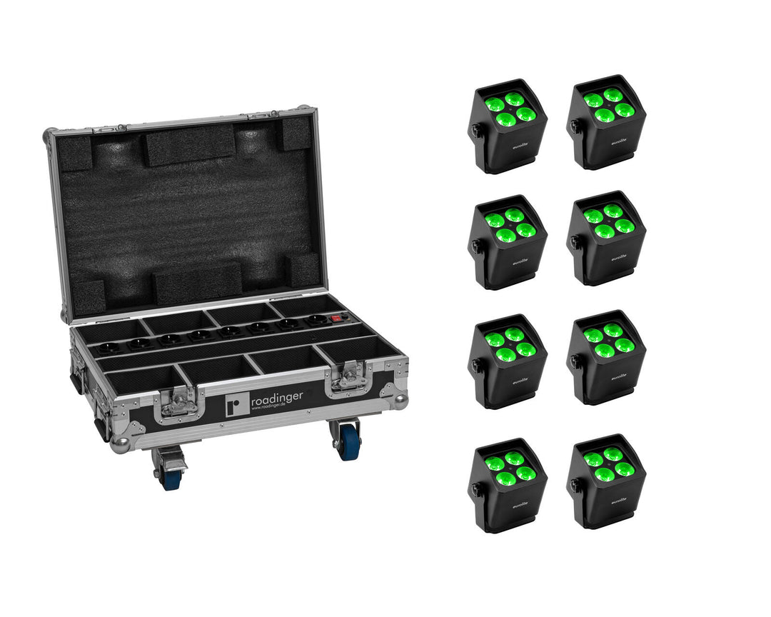 EUROLITE Set 8x AKKU Mini IP UP-4 QCL Spot MK2 + case con función de carga