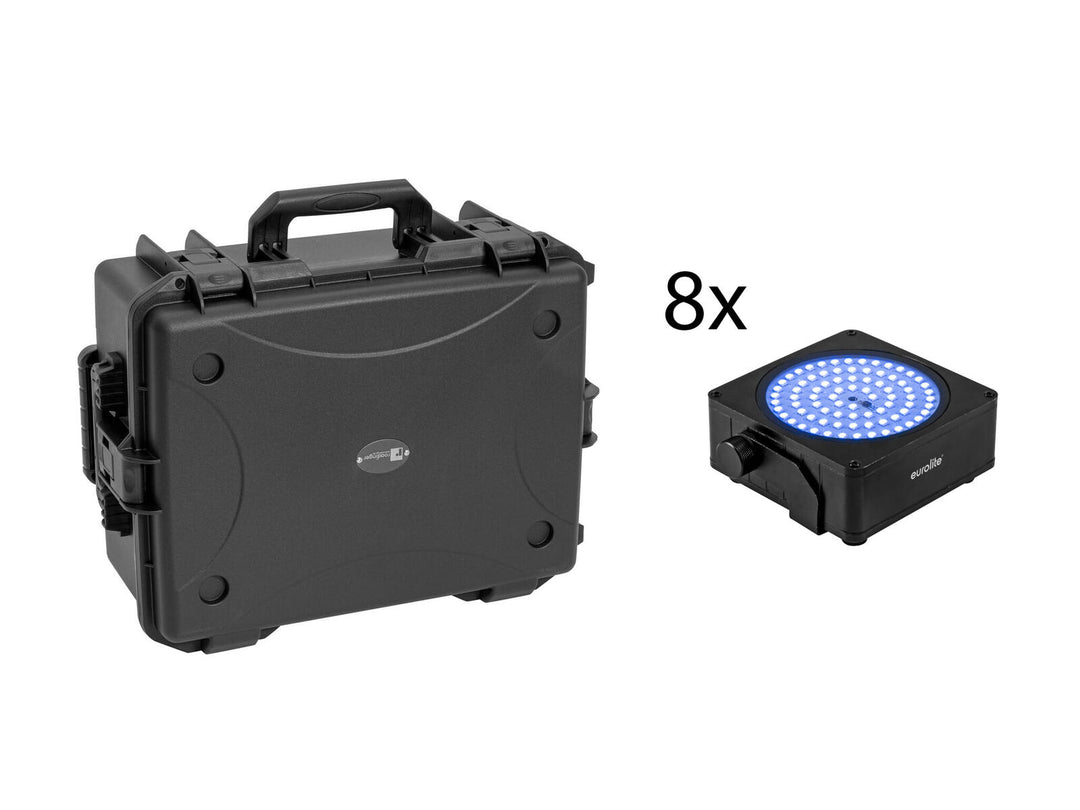 EUROLITE Set 8x AKKU IP Flat Light SMD bk + Plastic case con carrito