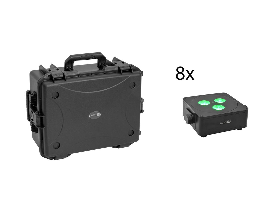 EUROLITE Set 8x AKKU IP Flat Light 3 bk + estuche de plástico con trolley
