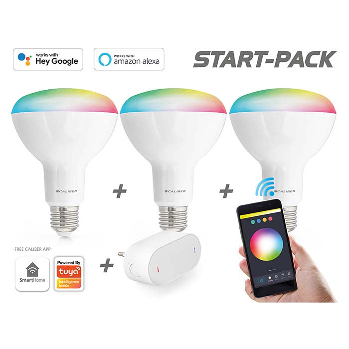 Starterpack para hogar inteligente Caliber BR30, bombilla LED blanca/multicolor