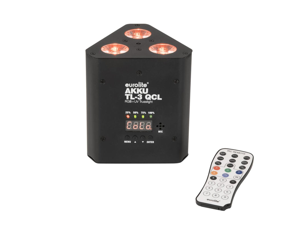 EUROLITE Set 4x AKKU TL-3 QCL RGB+UV Trusslight + case con función de carga