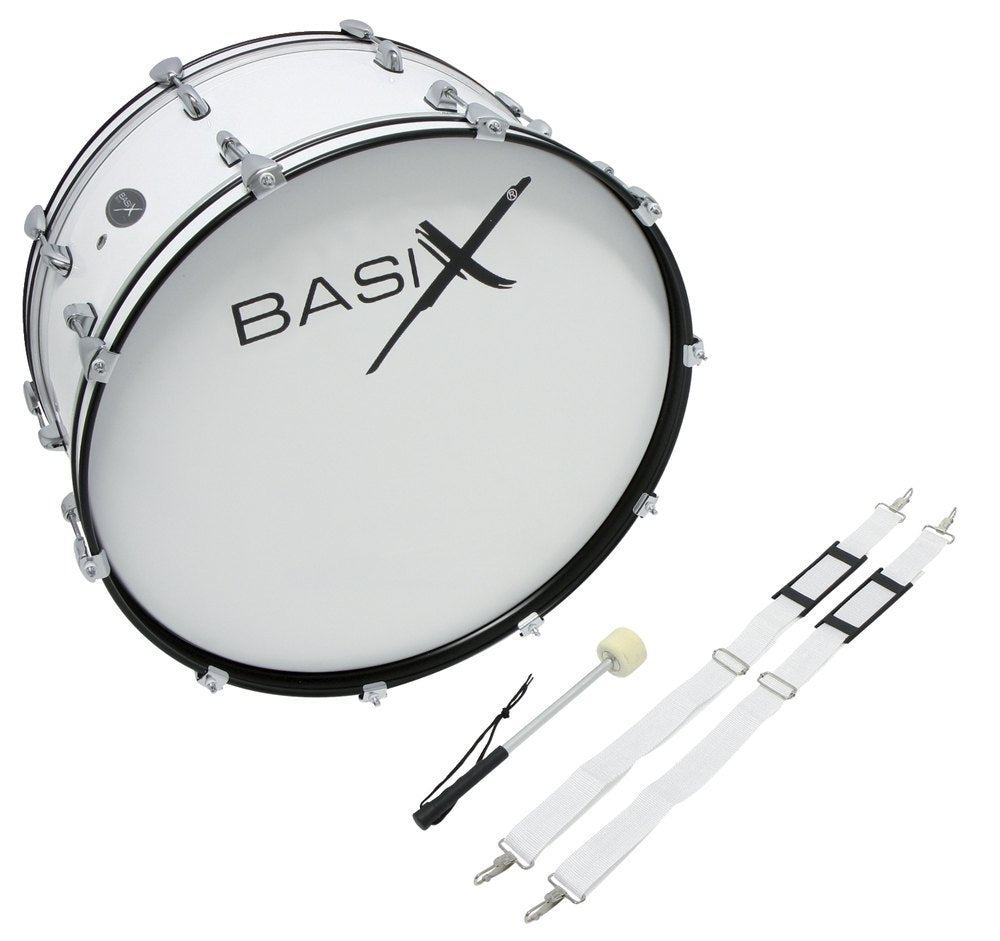 Basix bombo de marcha 26" x 12", blanco, con correa de transporte y maza