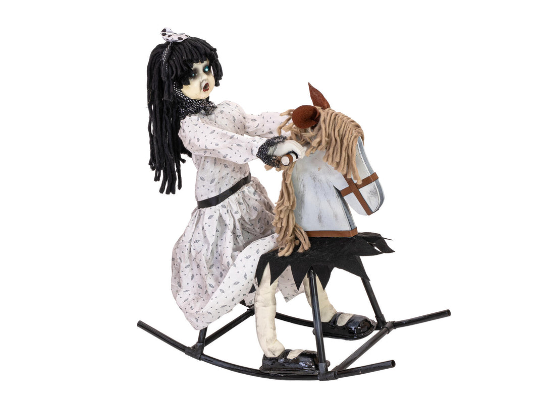 Figura de Halloween, niña en caballo balancín, animada, 72 cm