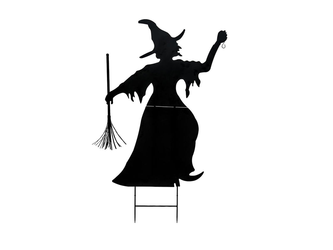 Silueta metálica de bruja con escoba, acero, 150 cm