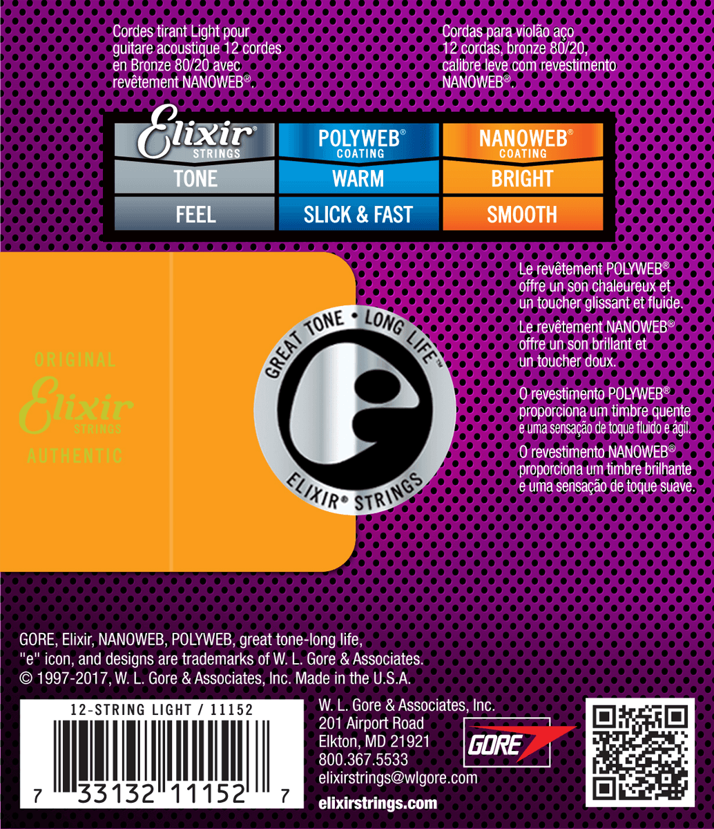 Elixir Nanoweb Bronze 80/20 Cuerdas de Guitarra (12-String, Light, 10-47)