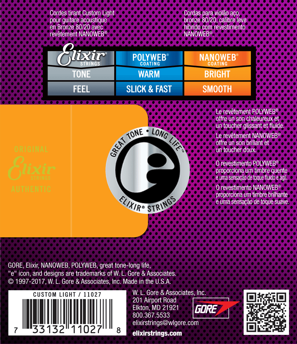 Elixir Nanoweb Bronze 80/20 Cuerdas de Guitarra (Custom Light, 11-52)