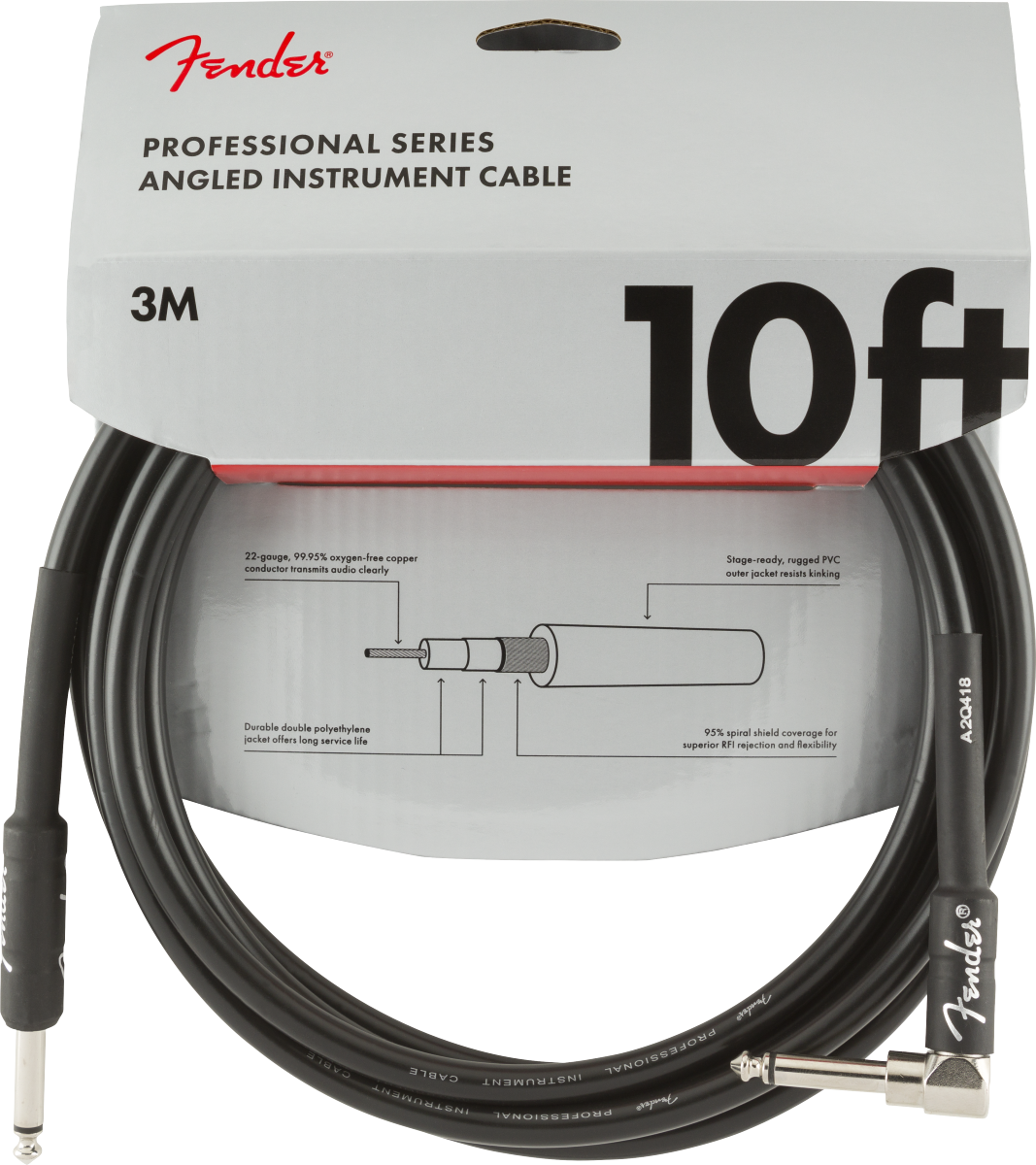 Fender Professional Instrument Cable, 3m, Angled Connector (Black)