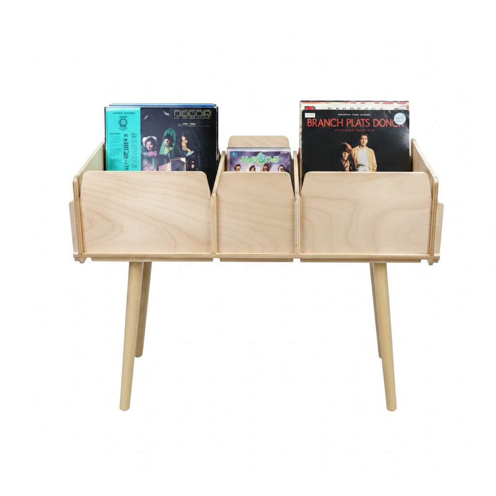 Caja de vinilo con patas y 3 compartimentos de madera