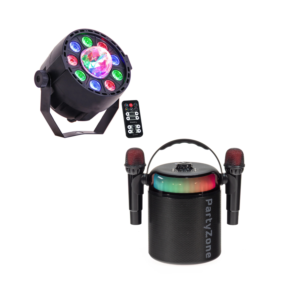 PartyZone Karaoke Sæt m. 2 Mikrofoner (Sort) & LED PAR-ASTRO 2-i-1 Diskolys