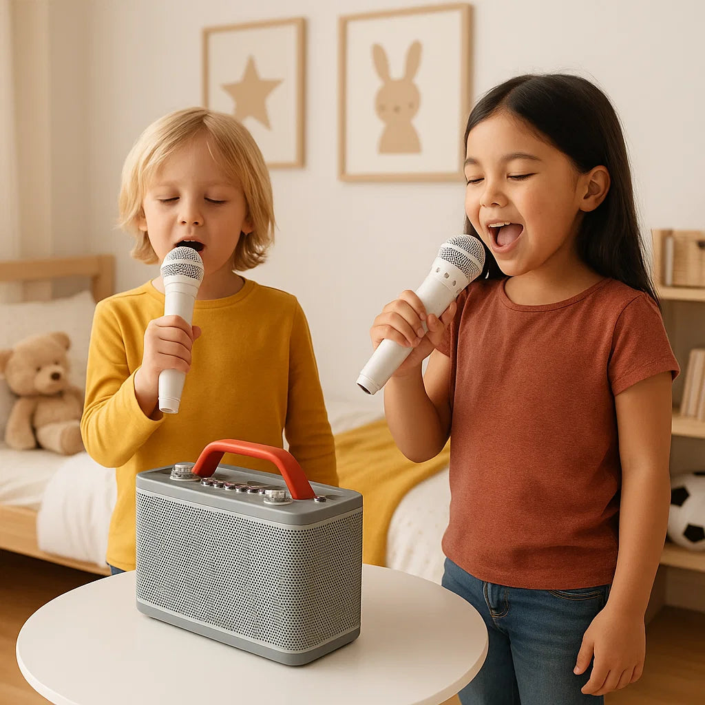 Equipo de karaoke con 2 micrófonos (Blanco)