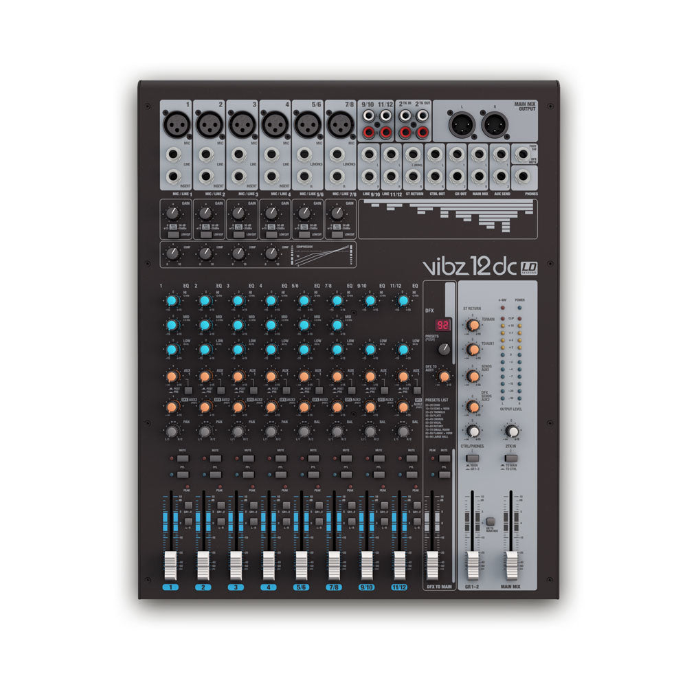 LD Systems VIBZ 12 DC - Consola de mezcla de 12 canales con DFX y compresor