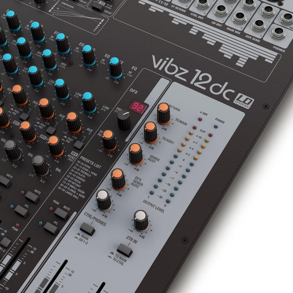 LD Systems VIBZ 12 DC - Consola de mezcla de 12 canales con DFX y compresor