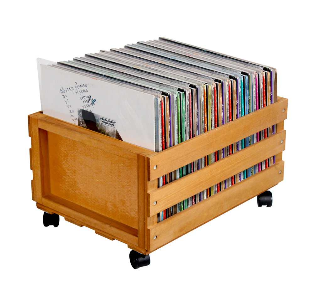 Caja de vinilo con ruedas, en madera clara