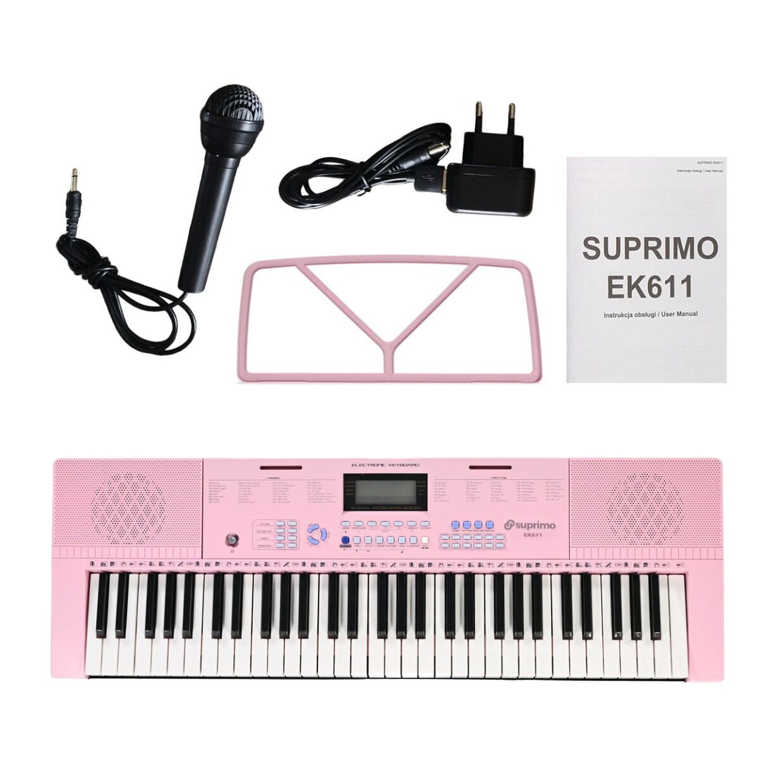 SUPRIMO Teclados 61 teclas Pink con Micrófonos y atril