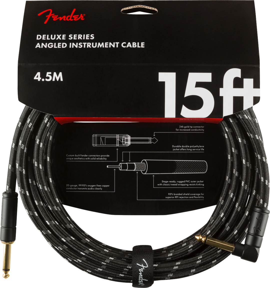 Fender Deluxe Cable de Guitarra Conector en Ángulo (Black Tweed, 4,5m)
