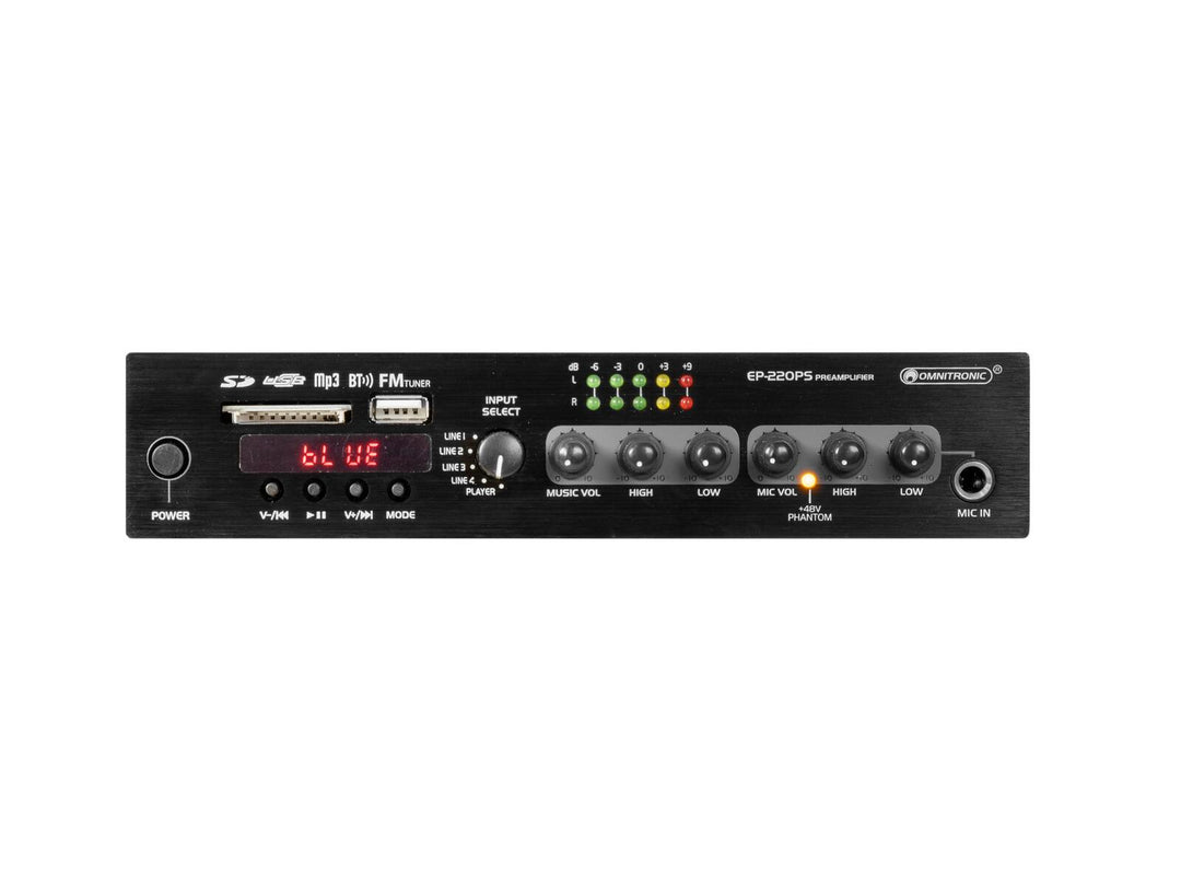 OMNITRONIC EP-220PS Preamplificador con reproductor MP3, Bluetooth y radio FM 9.5"