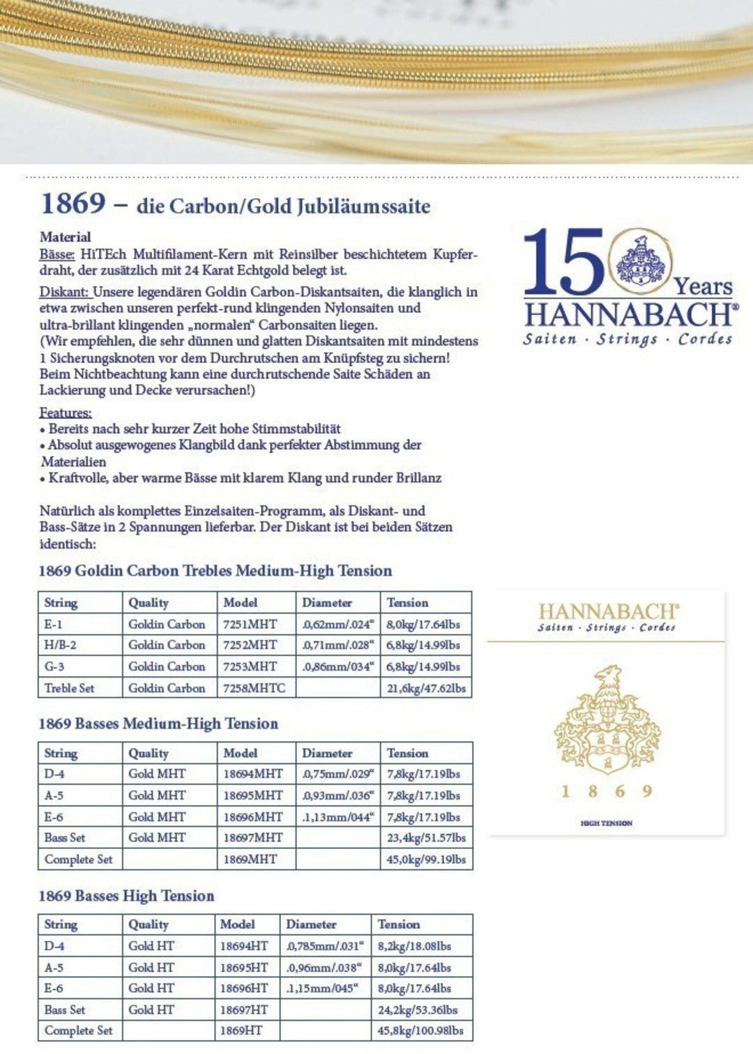 Cuerdas Hannabach para guitarra clásica Serie 1869 Carbon/Gold MHT - Juego MHT (1869MHT)