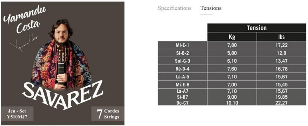Savarez cuerdas para guitarra clásica YAMANDU COSTA de 7 cuerdas - 7 cuerdas de alta tensión (Y510MJ7)