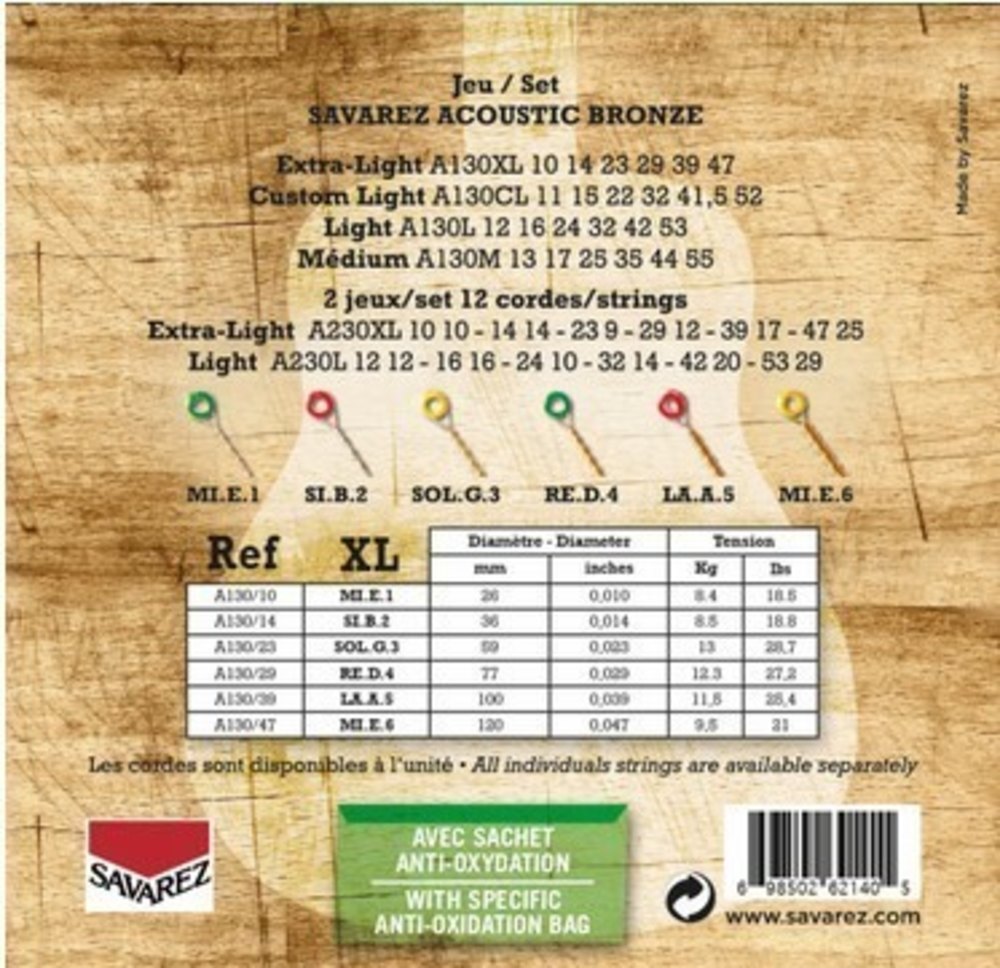 Cuerdas de guitarra western Savarez A130XL Bronze, extra light .010 a .047