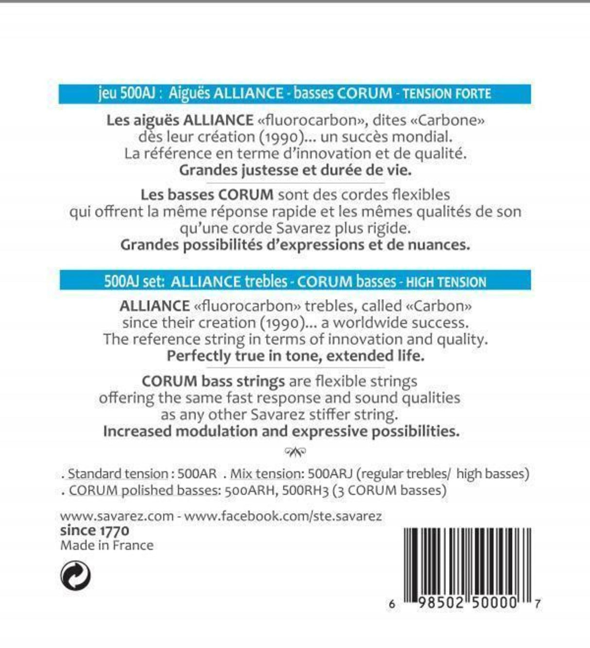 Savarez Strings for classic guitar Alliance Corum - Set high (500AJ)