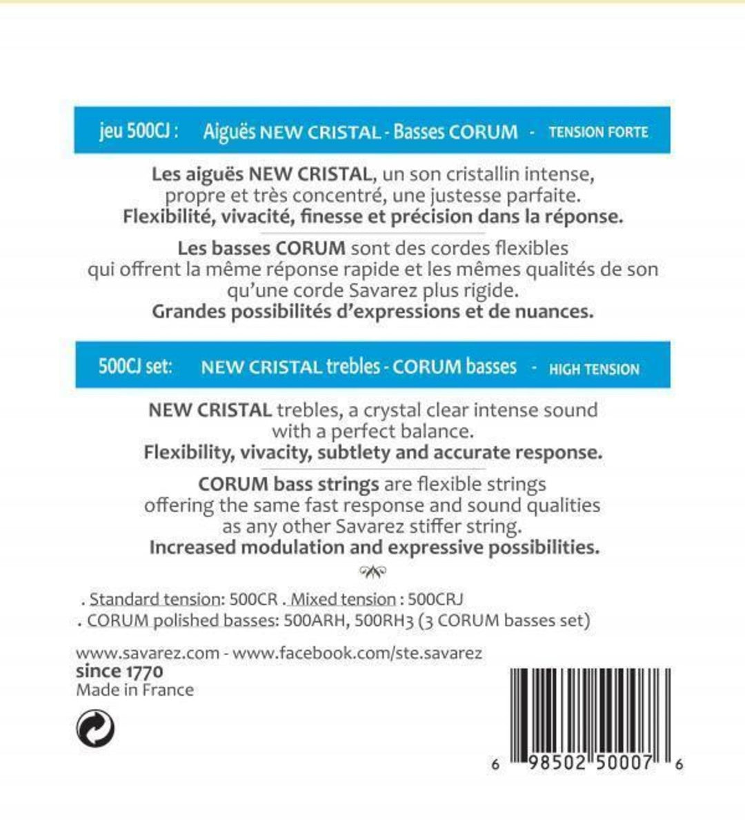 Savarez Cuerdas para Guitarras clásicas Corum New Cristal - Set (500CJ)