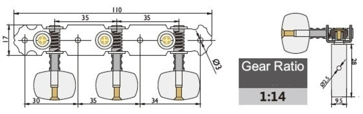 GEWA machine heads Classical guitar - White button (without lyra)