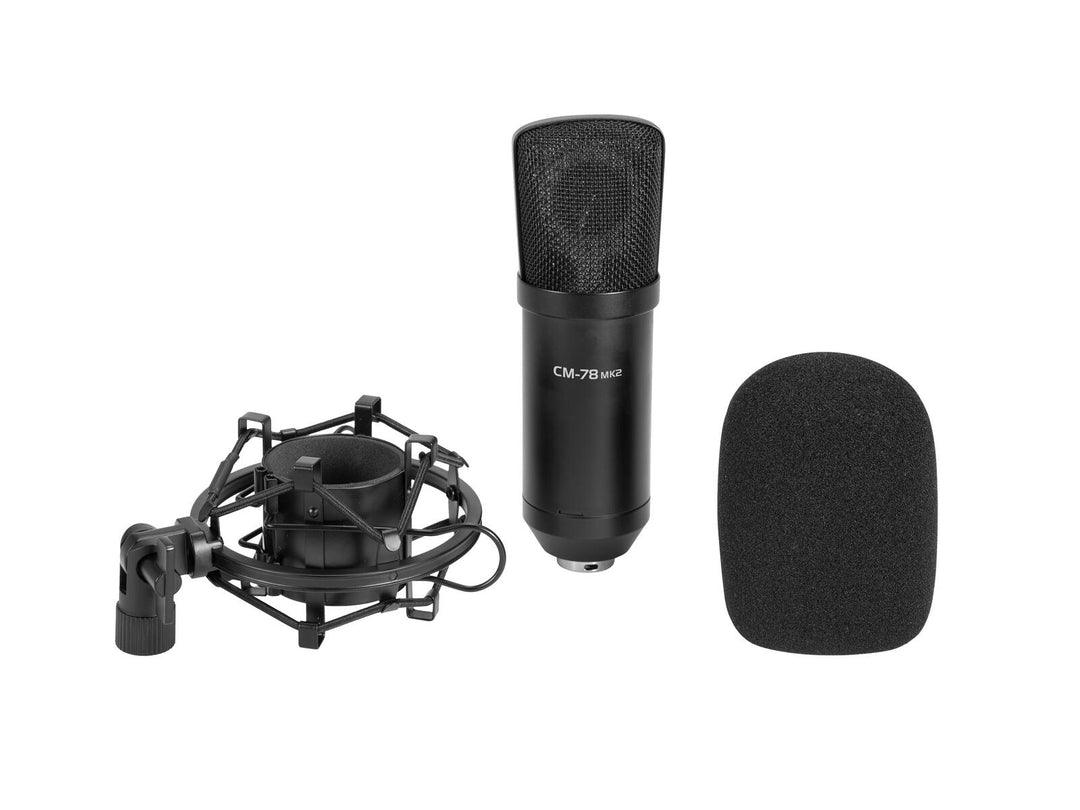 OMNITRONIC set MIC CM-78MK2 micrófono de condensador de diafragma grande + sistema de absorción para micrófono de escritorio AS-04