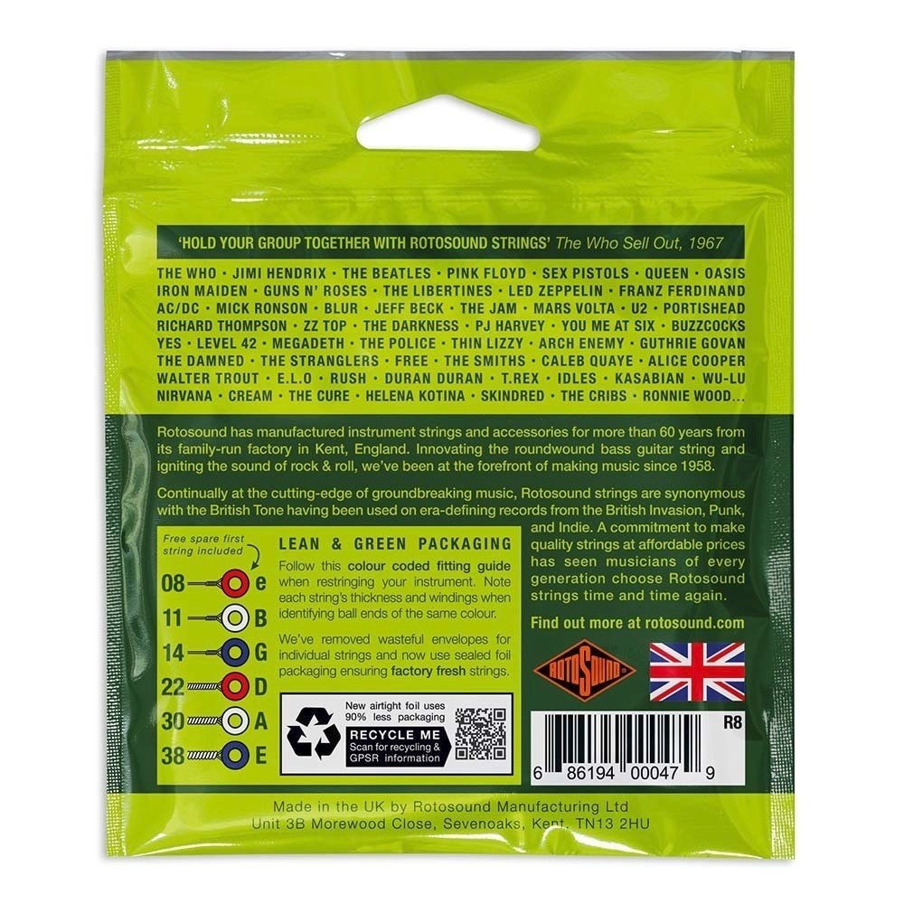 Cuerdas para guitarra eléctrica Rotosound Roto Greens R8, 8-38