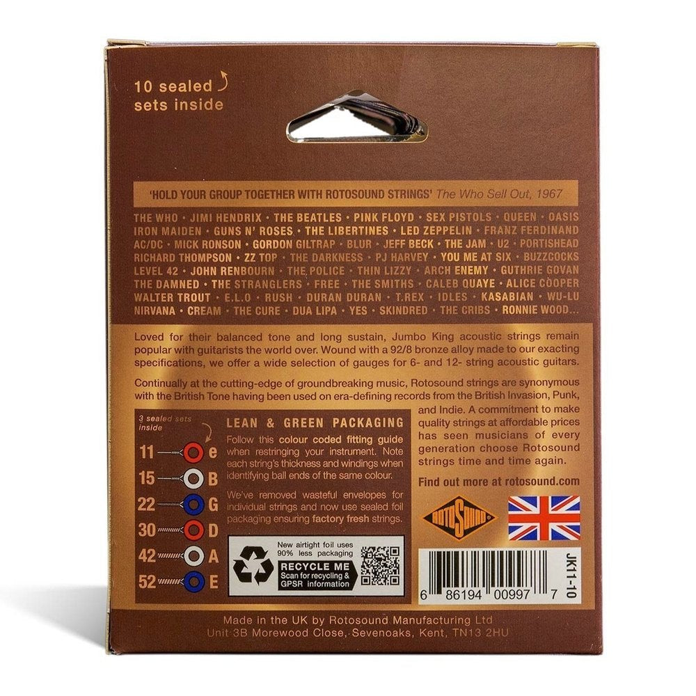 Rotosound Jumbo King JK11-10 cuerdas de guitarra acústica 11-52, 10 sets