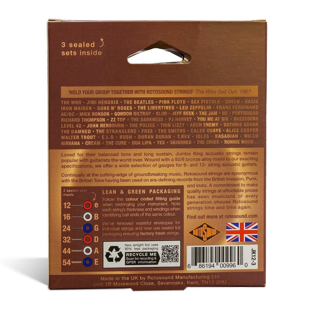 Rotosound Jumbo King JK12-3 cuerdas de guitarra western 12-54, 3 set