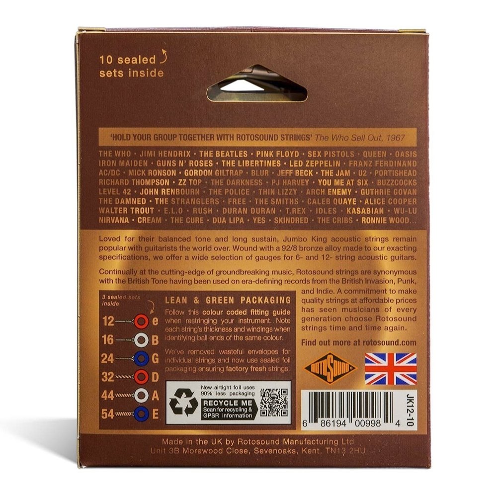 Rotosound Jumbo King JK12-10 cuerdas de guitarra acústica 12-54, 10 sets