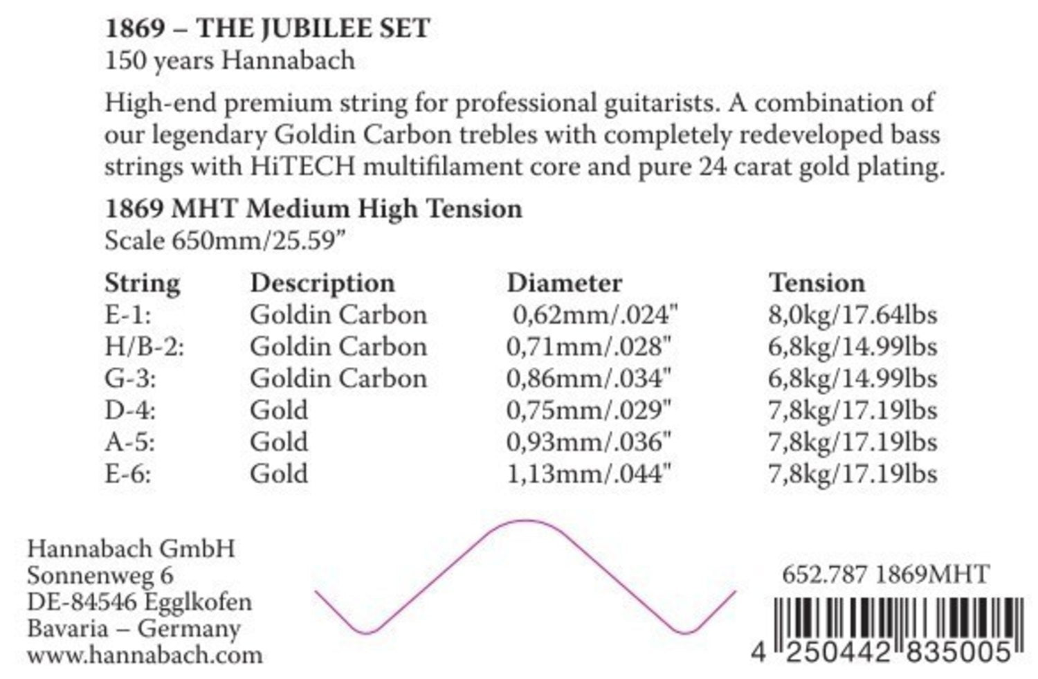 Hannabach Strings for classic guitar Serie 1869 Carbon/Gold MHT - E6 Gold MHT (18696MHT)