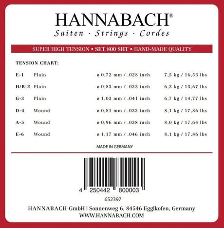 Juego de cuerdas agudas Hannabach 800 E1, H/B2 y G3, super high tension