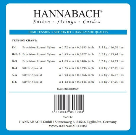 Hannabach 815 juego de cuerdas agudas E1, H/B2 y G3, high tension