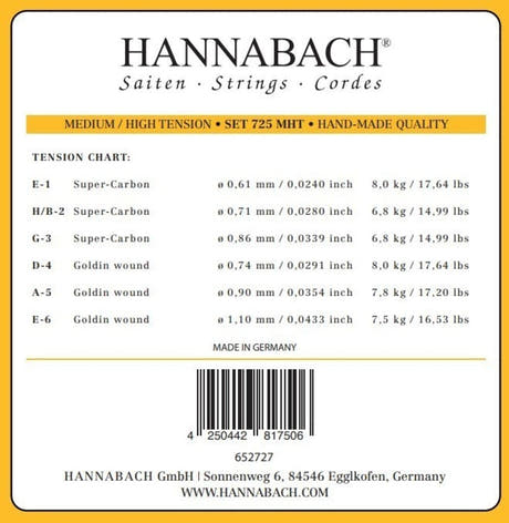 Hannabach 725 E6 cuerda de bajo para guitarra clásica, tensión medium/alta