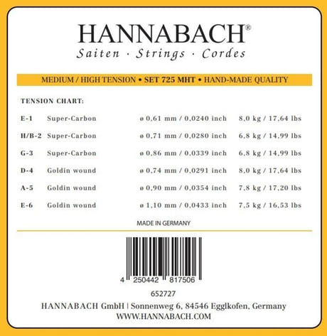 Hannabach Strings for classic guitar Series 725 Medium/High Tension Goldin - 3pc treble set (7258MHTC)