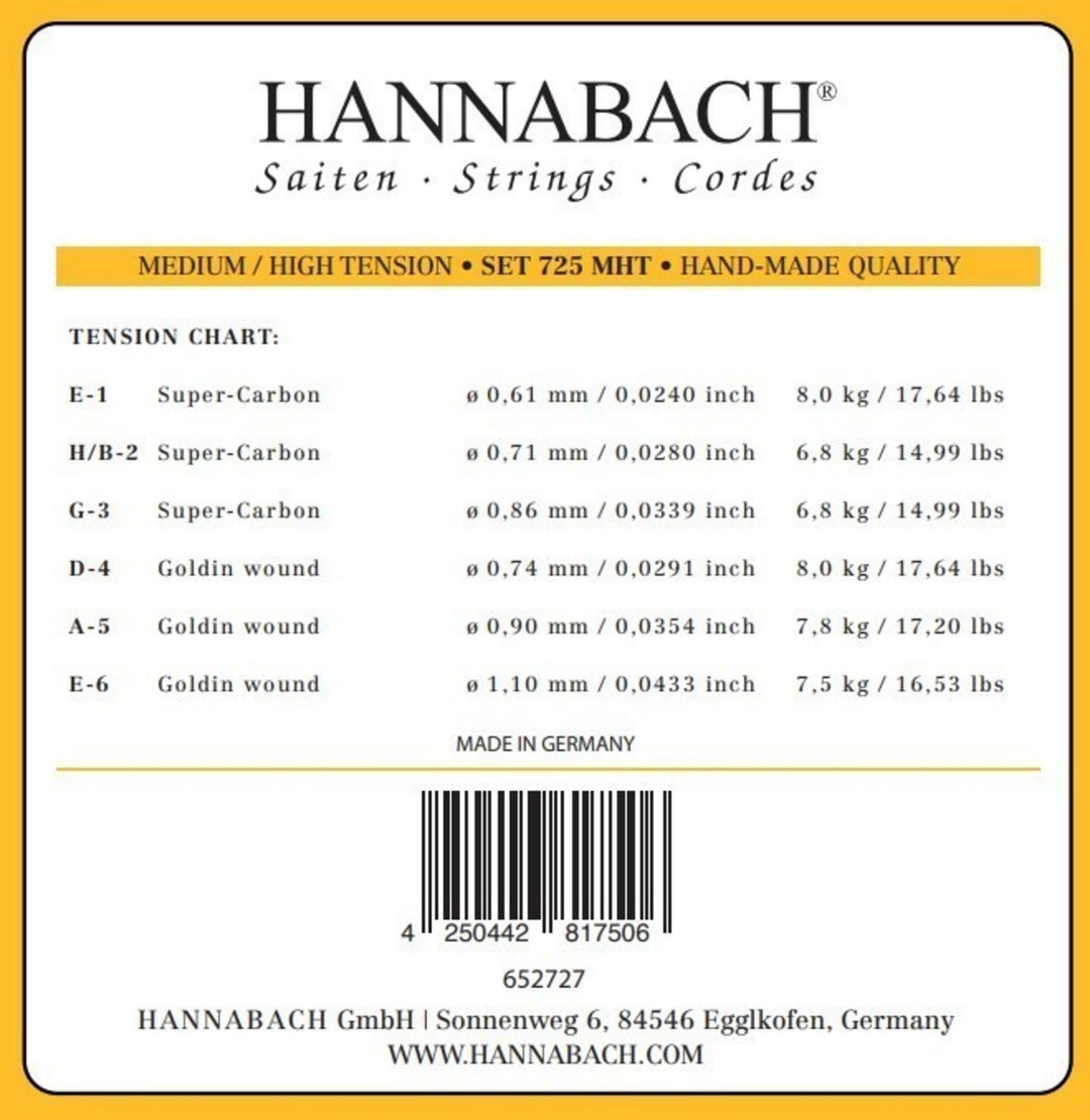 Cuerdas Hannabach para guitarra clásica Series 725 Medium/High Tension Goldin - set de agudas de 3 piezas (7258MHTC)