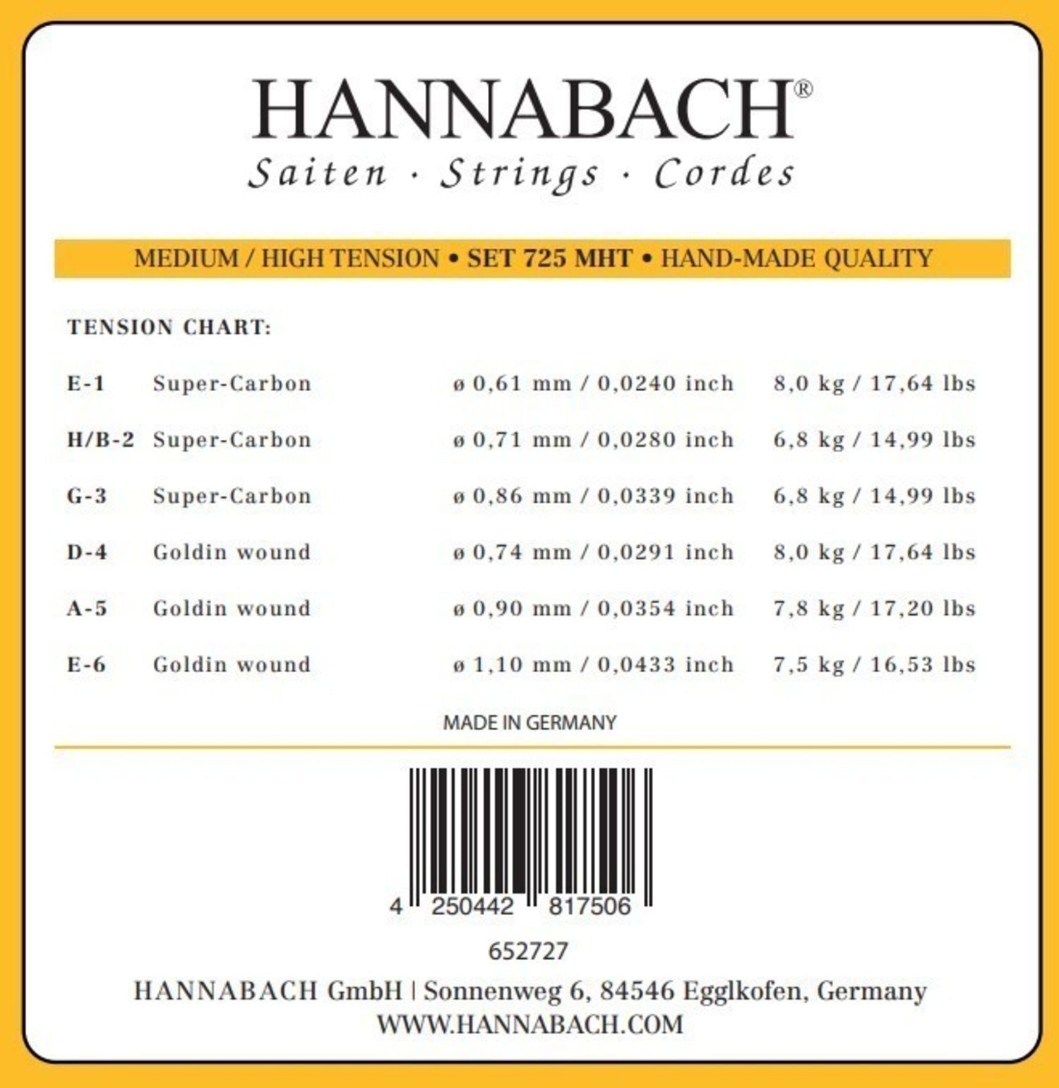 Hannabach Strings for classic guitar Series 725 Medium/High Tension Goldin - 3pc treble set (7258MHTC)