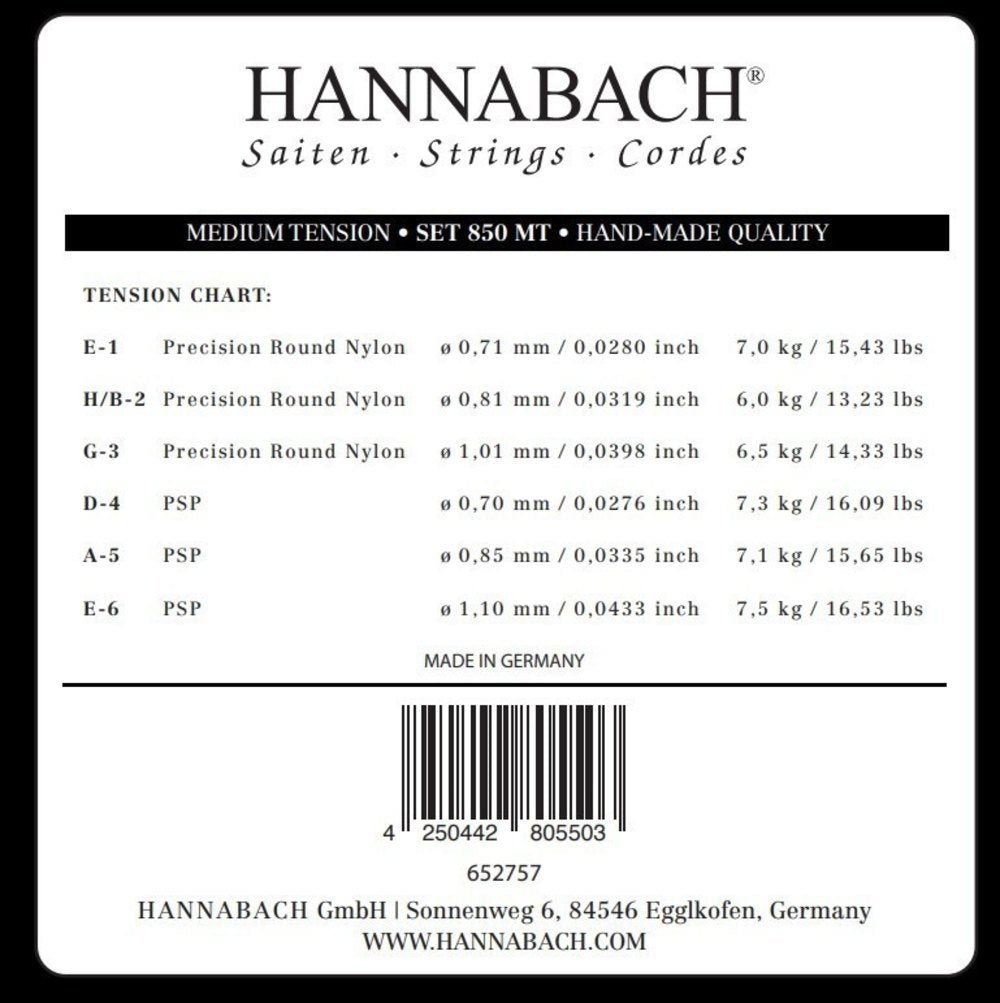 Hannabach 850 H/B2 cuerda de agudos para guitarra clásica, medium tension