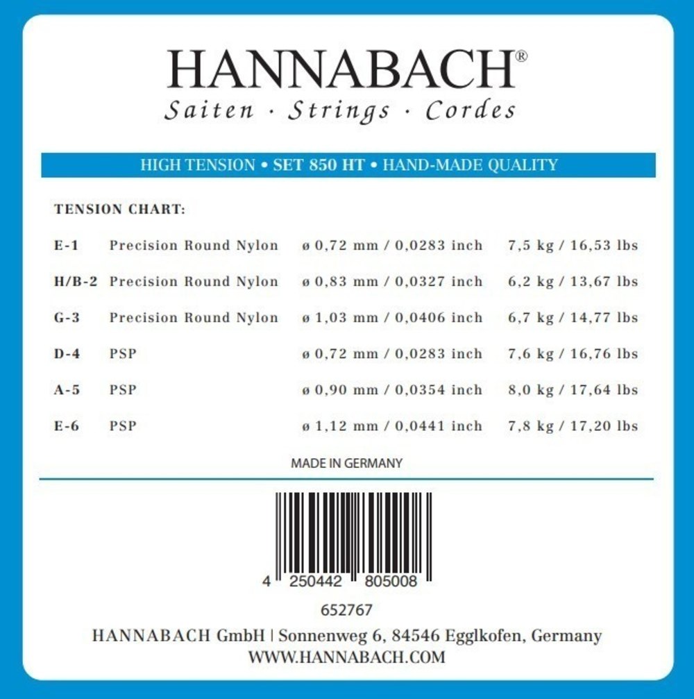 Hannabach 850 E6 cuerda de bajo para guitarras clásicas, tensión High